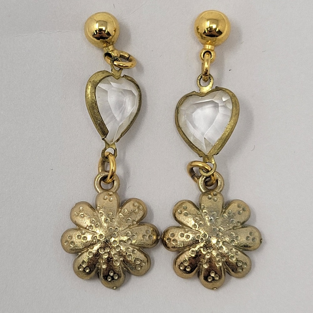 Yellow Enamel Daisy Heart Crystal Drop Earrings Gold Tone Post Dangle Floral - Picture 2 of 3